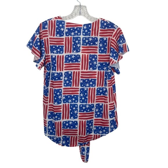 Roshop Flag Print Tie Button Front Shirt Womens Small Blue Red New Short Sleeve - Picture 2 of 10